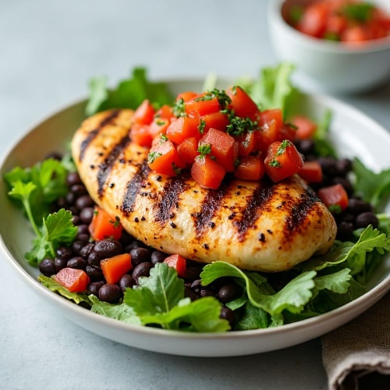 Grilled Chicken Breast over Mixed Greens with Black Beans and Salsa