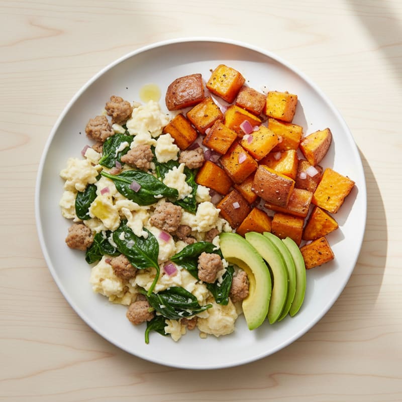 Egg White Spinach Scramble with Turkey Sausage and Roasted Sweet Potato