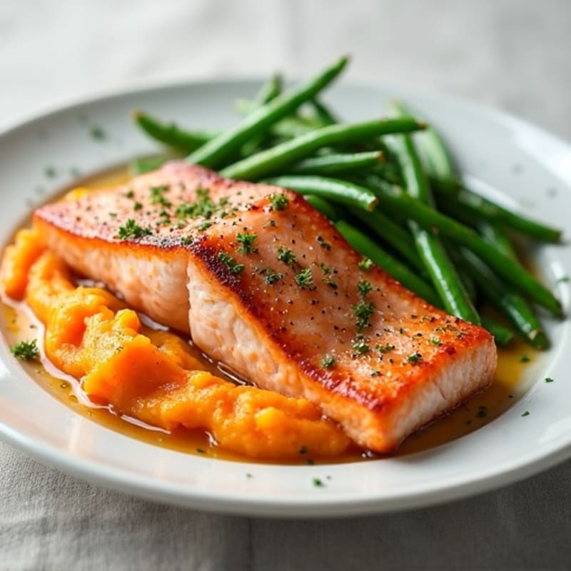 Seared Salmon Fillet with Steamed Green Beans and Sweet Potato Mash
