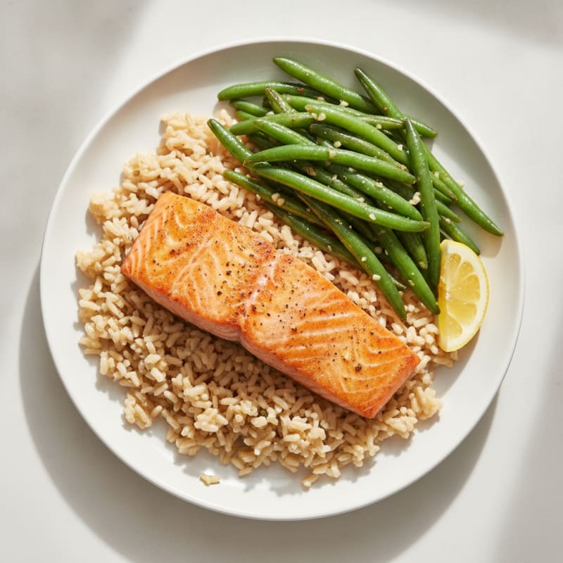 Seared Salmon with Garlic Green Beans and Brown Rice
