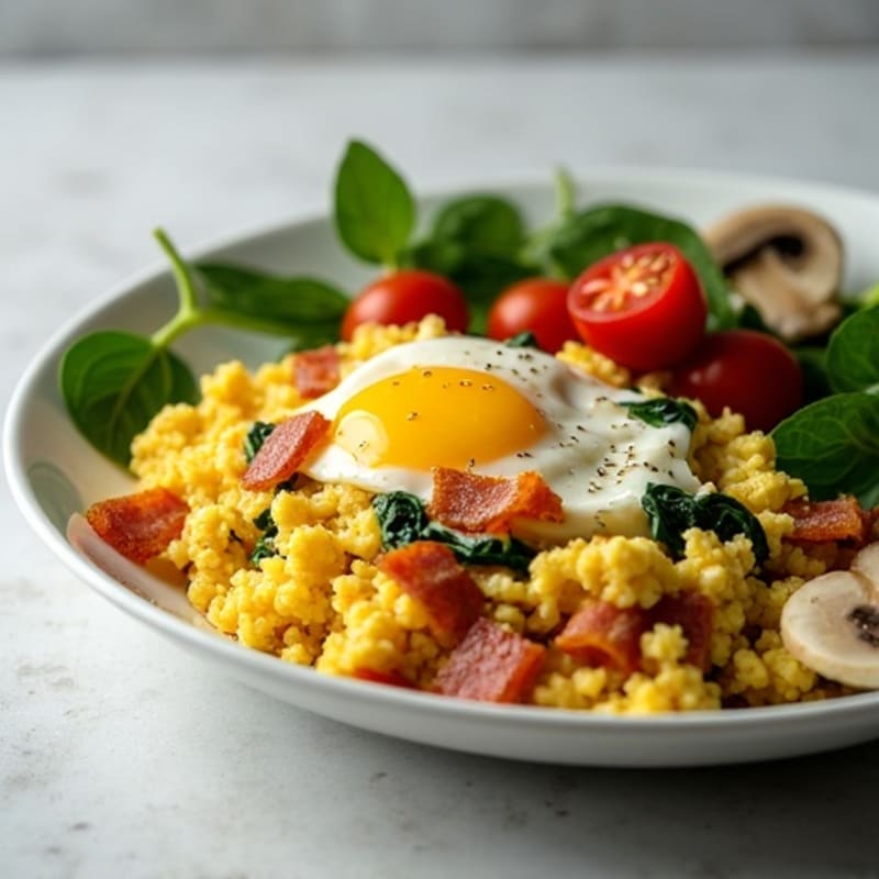 Crispy Turkey Bacon Egg White Scramble with Spinach