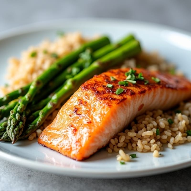 Seared Salmon with Steamed Asparagus and Brown Rice