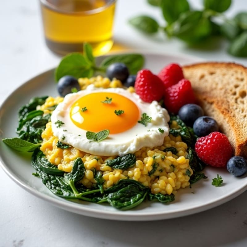 Egg White Spinach Scramble with Cottage Cheese and Fresh Berries