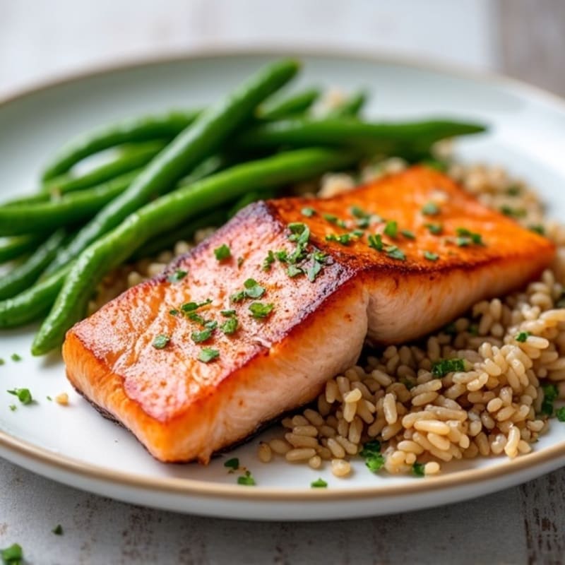 Seared Salmon with Steamed Green Beans and Brown Rice