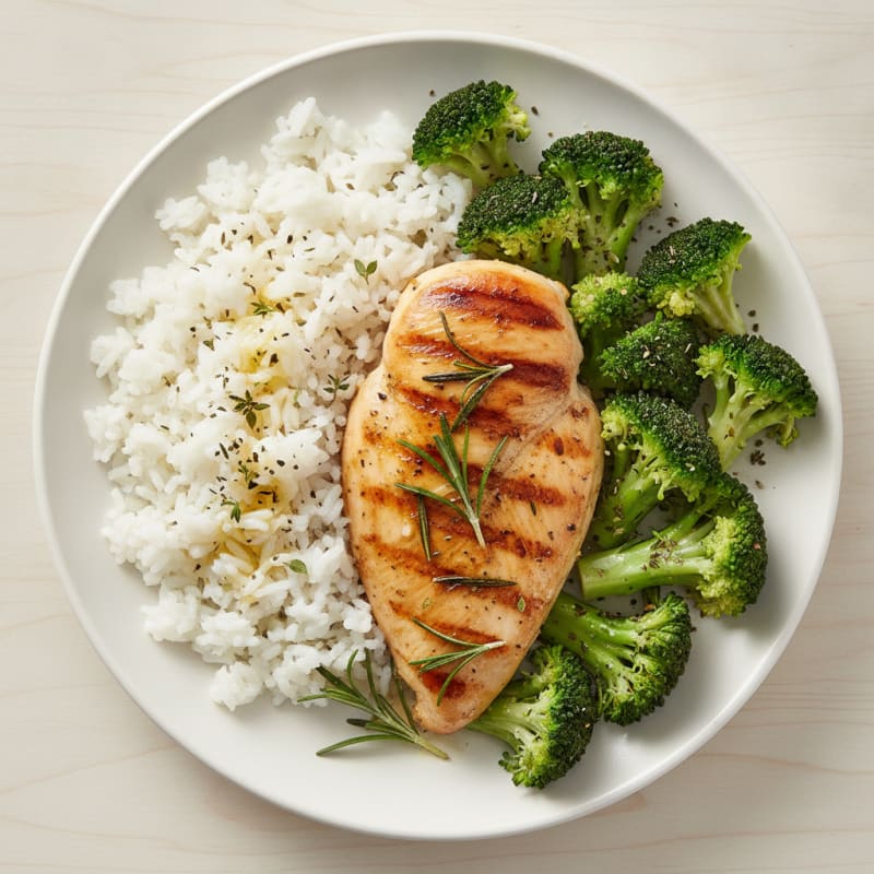 Herb-Grilled Chicken Breast with Steamed Broccoli and Rice