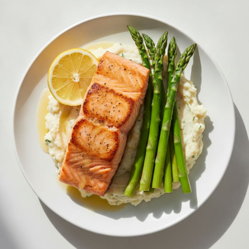Seared Salmon Filet with Steamed Asparagus and Cauliflower Mash
