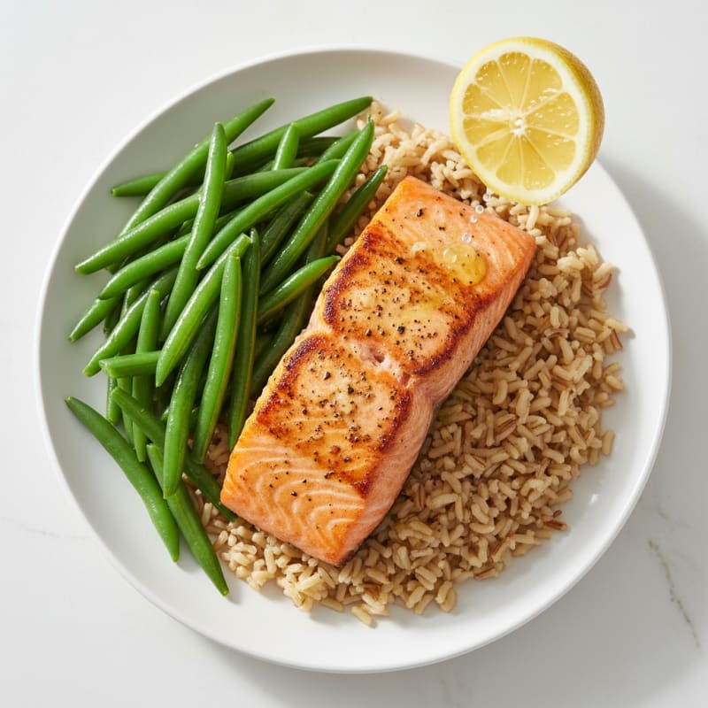Seared Salmon with Steamed Green Beans and Brown Rice