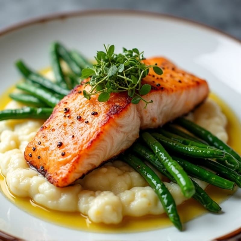 Seared Salmon with Garlic Green Beans and Cauliflower Mash