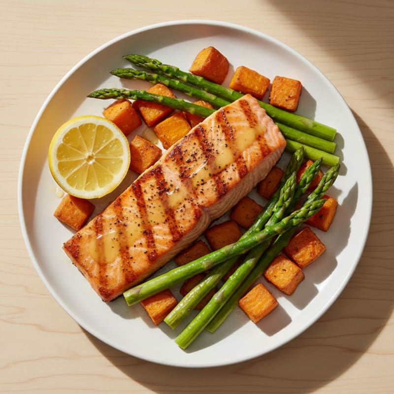 Seared Salmon Filet with Roasted Sweet Potato and Asparagus