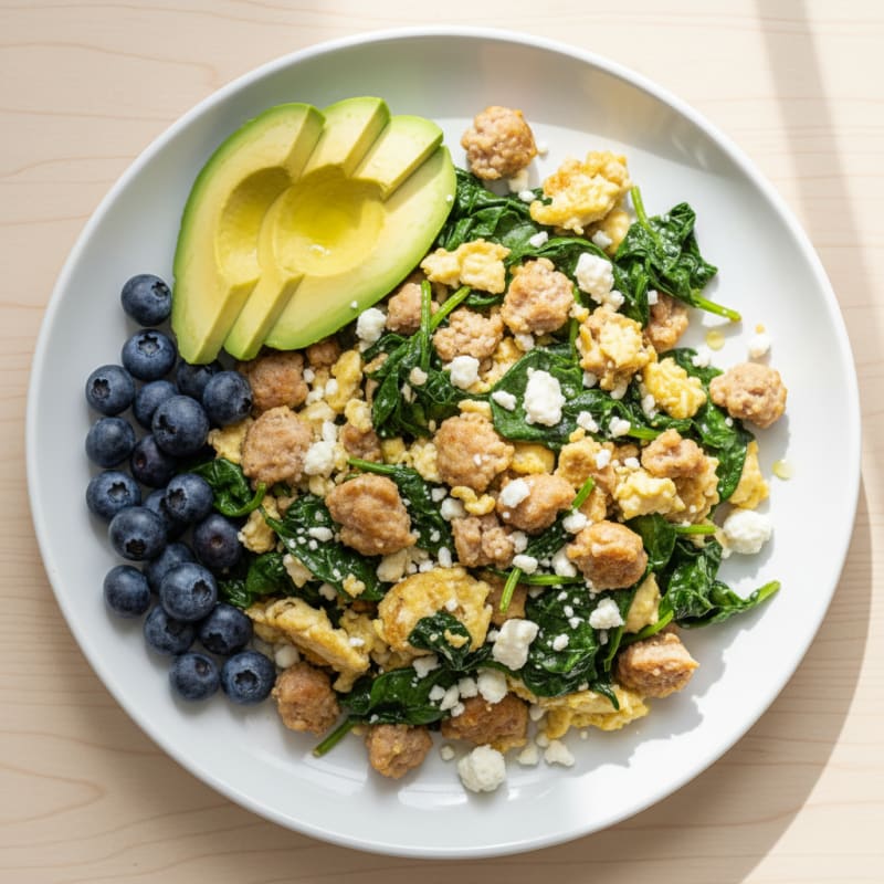 Egg White Scramble with Turkey Sausage and Sautéed Spinach