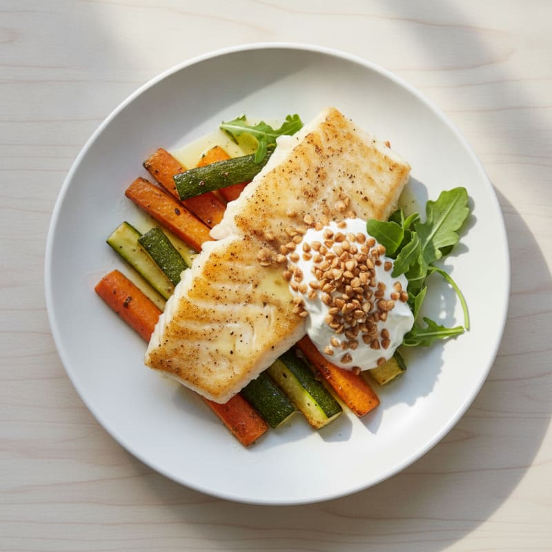 Pan-Seared Fish with Roasted Zucchini and Carrots