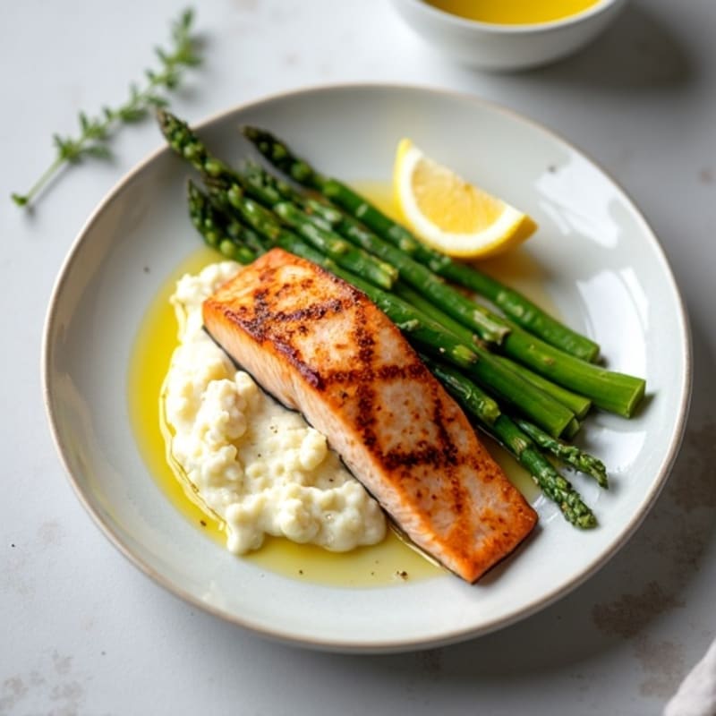 Seared Salmon with Steamed Asparagus and Cauliflower Mash