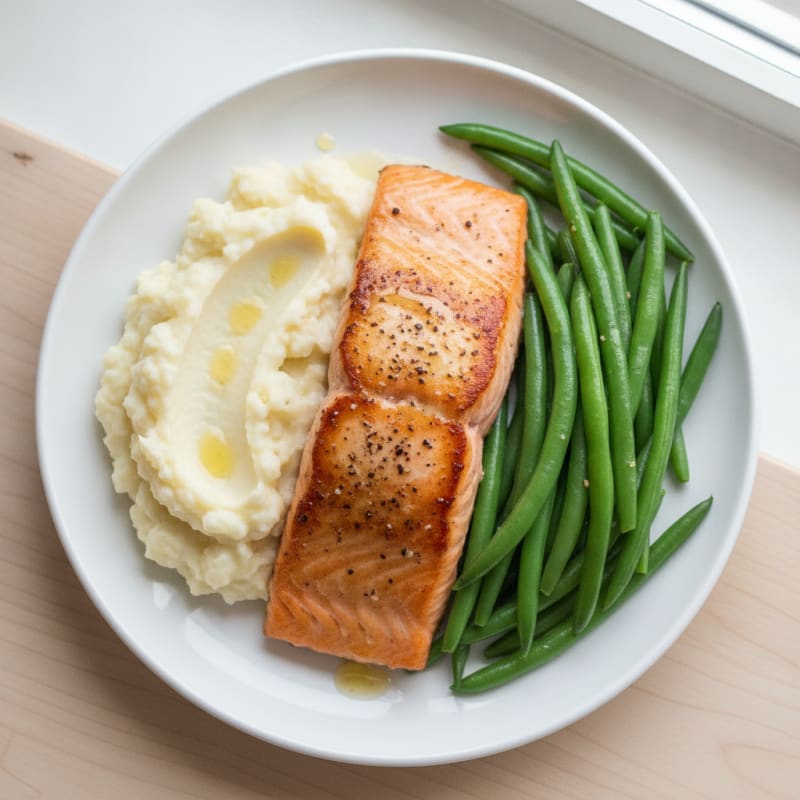 Seared Salmon with Steamed Green Beans and Garlic Mashed Cauliflower