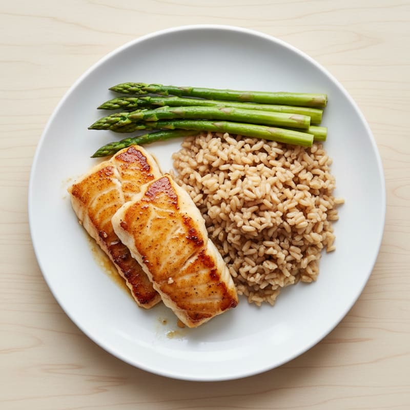 Seared Miso Glazed Cod with Steamed Asparagus and Brown Rice