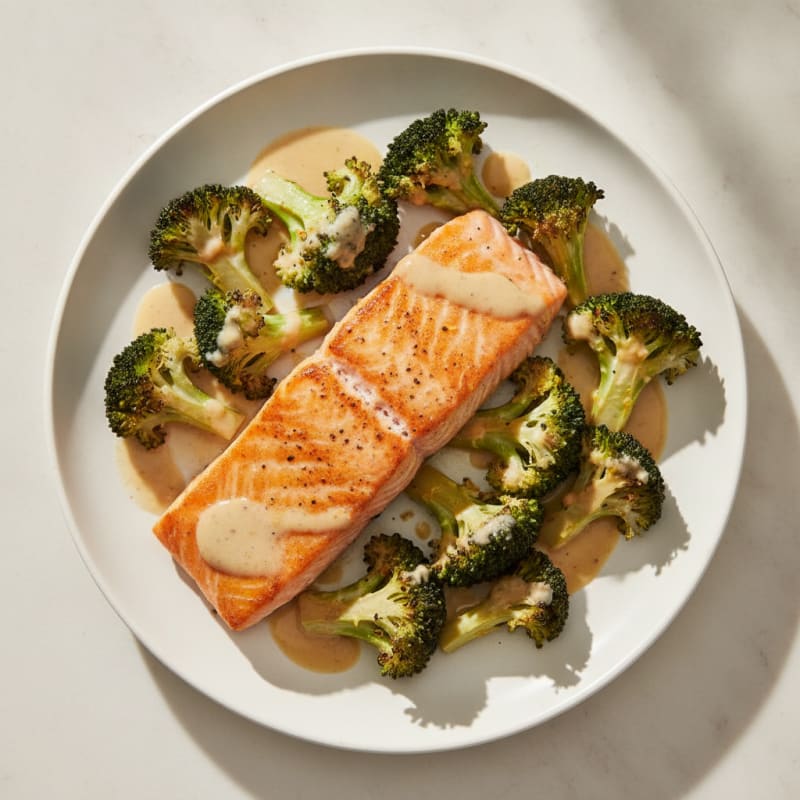 Seared Salmon with Roasted Broccoli and Lemon Tahini Drizzle