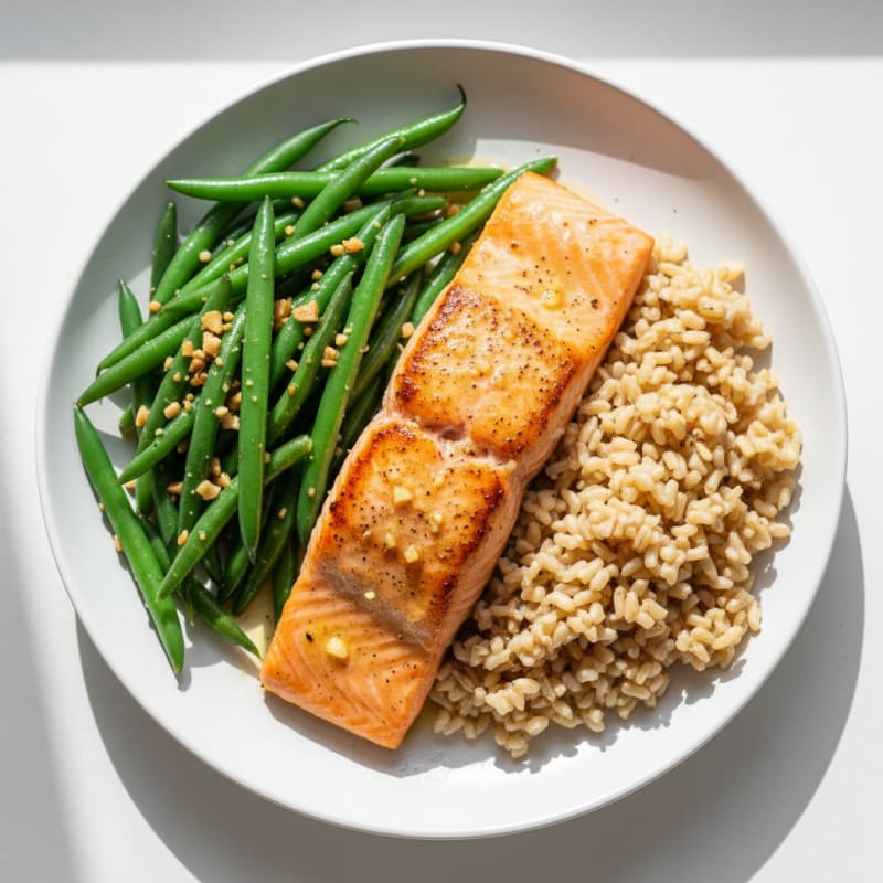Seared Salmon Fillet with Garlic Green Beans and Brown Rice