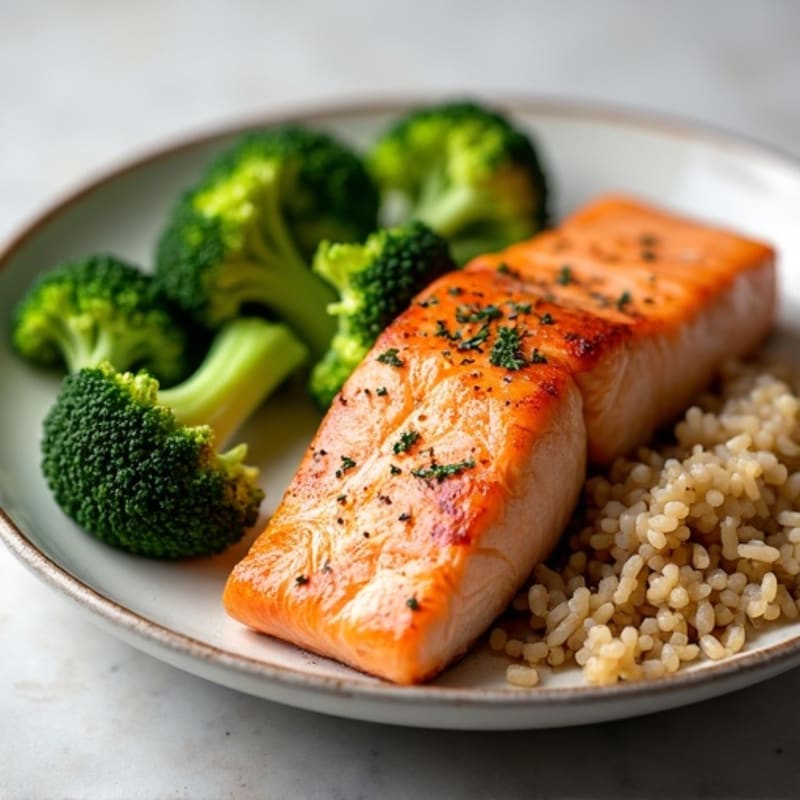 Seared Salmon Fillet with Steamed Broccoli and Brown Rice