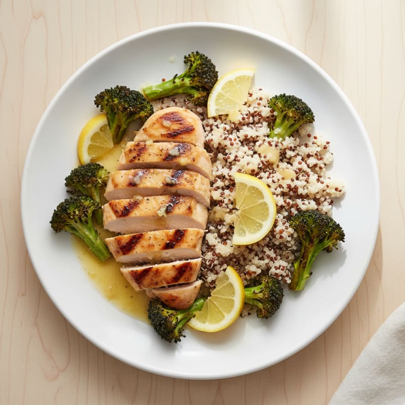 Grilled Lemon Garlic Chicken Breast with Quinoa and Roasted Broccoli