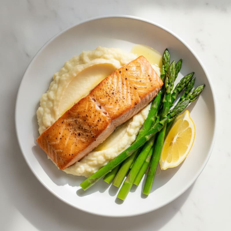 Seared Salmon Fillet with Steamed Asparagus and Cauliflower Mash