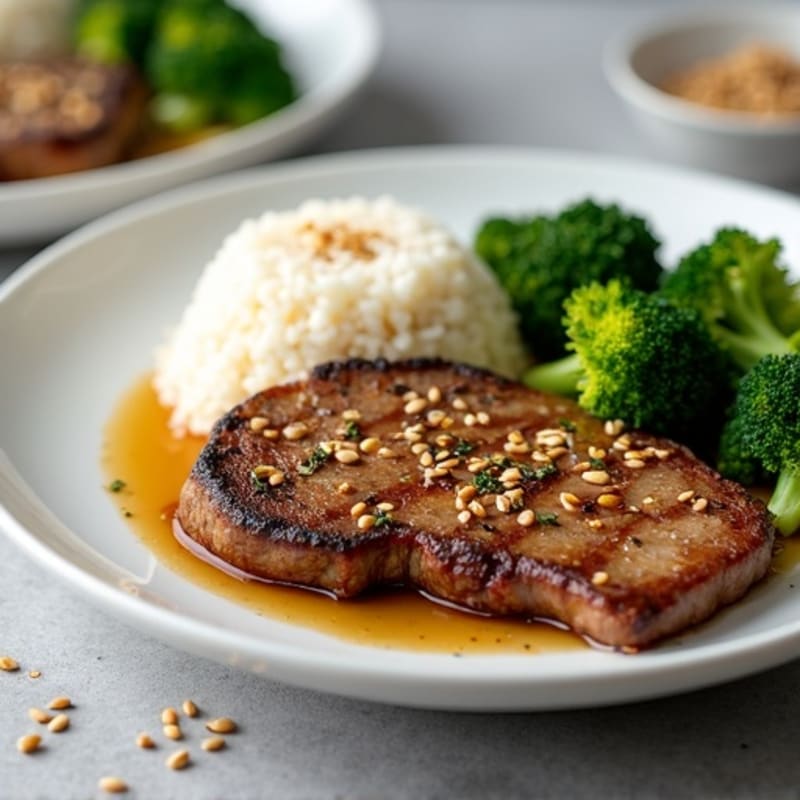 Pan-Seared Garlic Butter Steak with Sesame Rice and Roasted Broccoli