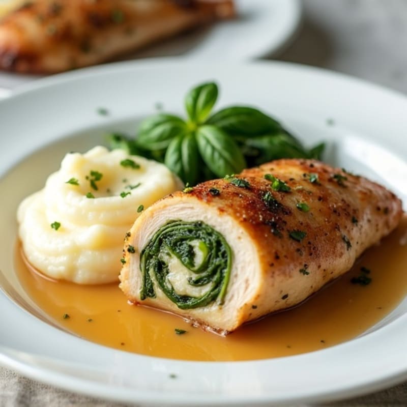 Herb-Stuffed Chicken with Creamy Mashed Potatoes and Savory Pan Sauce