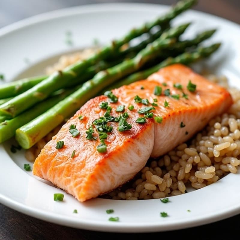 Seared Salmon with Steamed Asparagus and Brown Rice