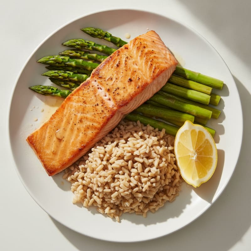 Seared Salmon with Steamed Asparagus and Brown Rice