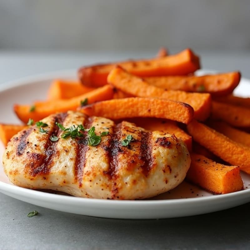Grilled Chicken with Crispy Baked Cinnamon Sweet Potato Fries