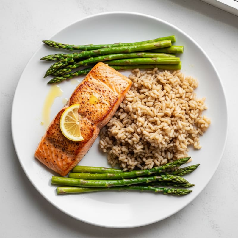 Seared Salmon with Steamed Asparagus and Brown Rice