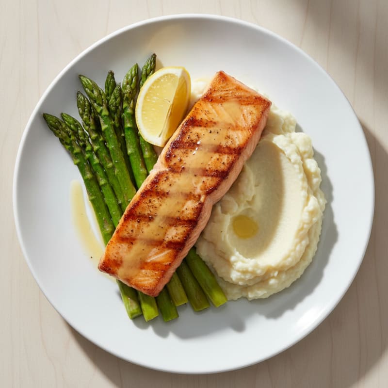 Seared Salmon with Roasted Asparagus and Cauliflower Mash