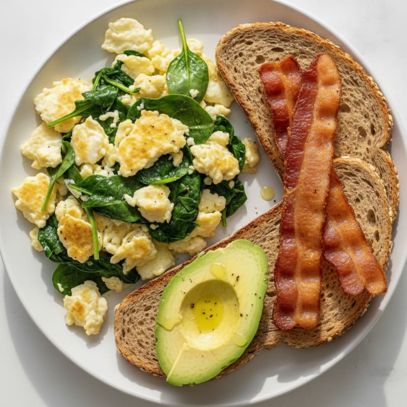 Crispy Turkey Bacon and Egg White Scramble with Sautéed Spinach