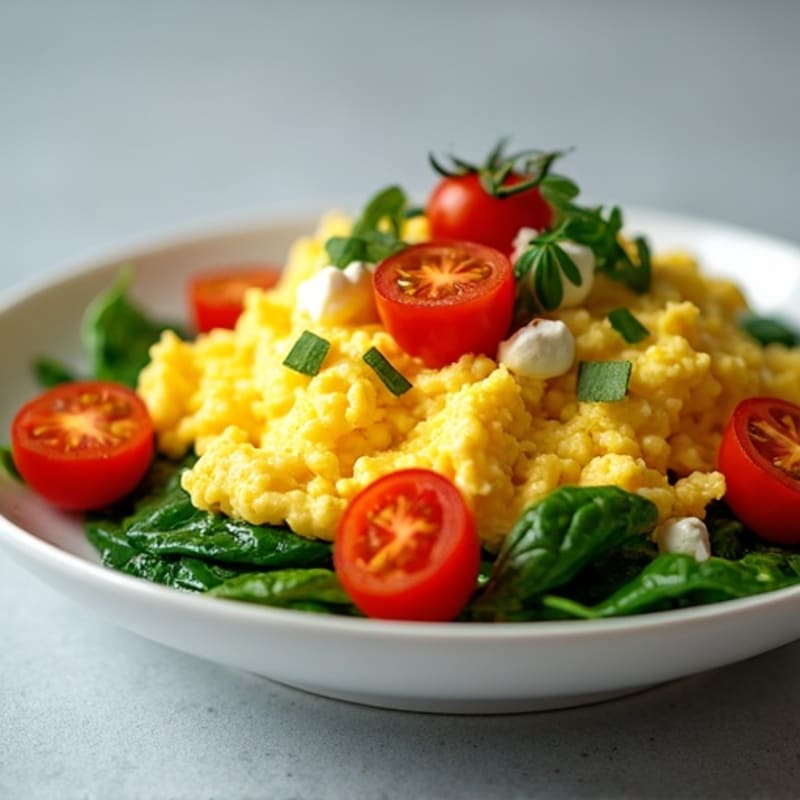High-Protein Fluffy Egg Scramble with Fresh Spinach and Cherry Tomatoes