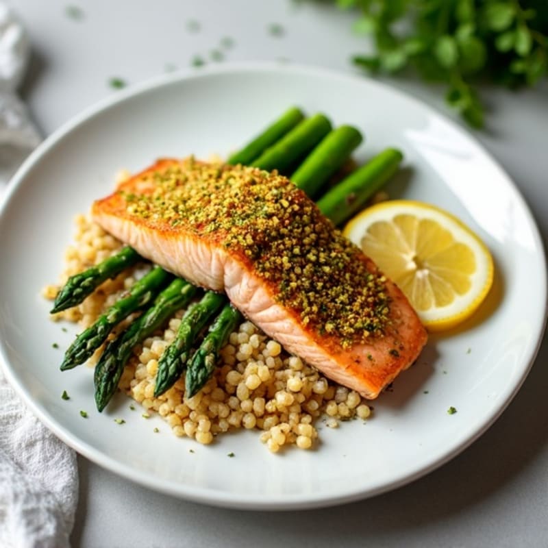 Pistachio-Crusted Salmon with Roasted Asparagus and Creamy Lemon Quinoa