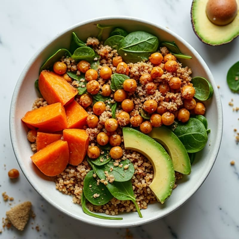 Roasted Sweet Potato Quinoa Bowl with Crispy Chickpeas and Tempeh