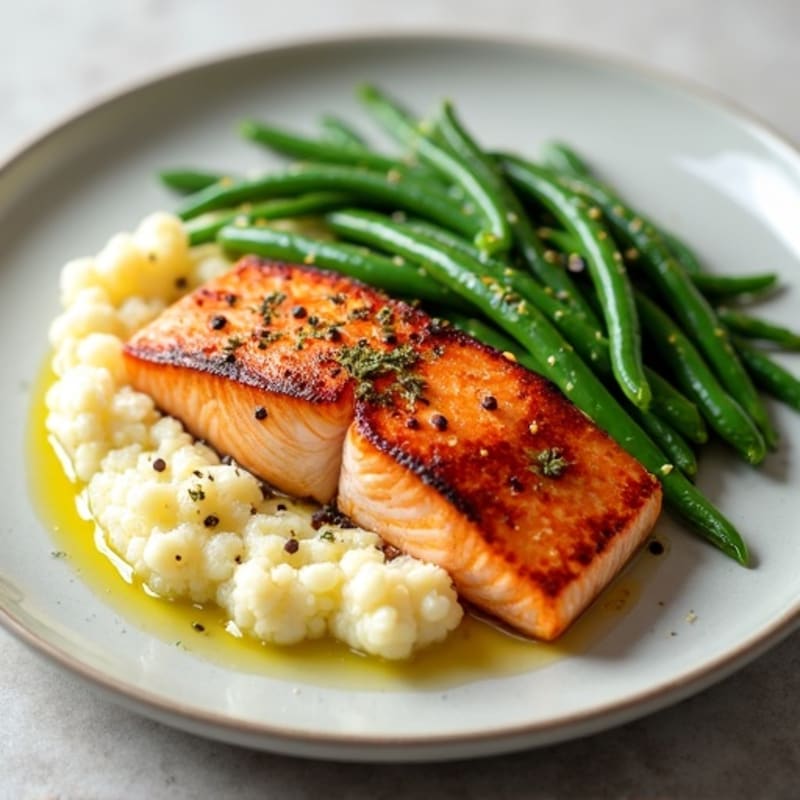 Seared Salmon with Garlic Green Beans and Cauliflower Mash