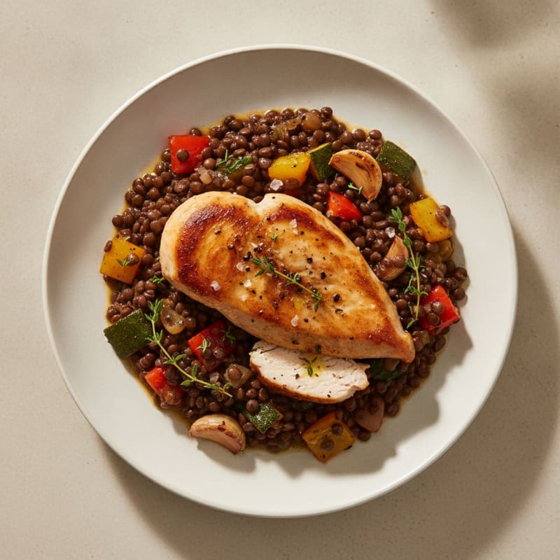 Braised Beluga Lentils with Roasted Vegetables