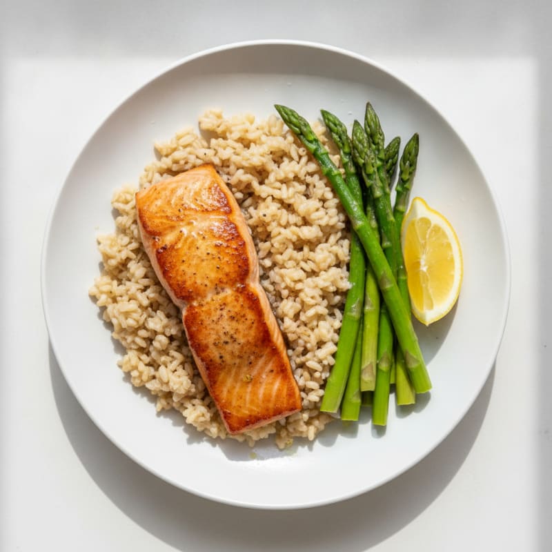Seared Salmon with Steamed Asparagus and Brown Rice