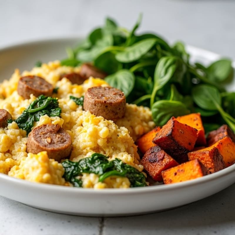 Egg White and Turkey Sausage Scramble with Spinach and Roasted Sweet Potatoes