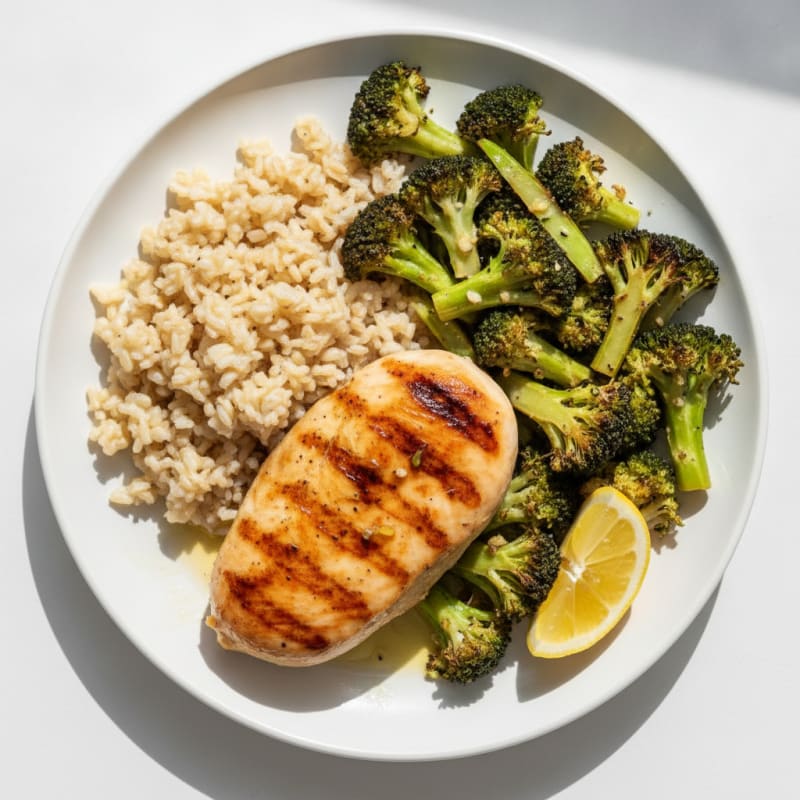 Grilled Chicken Breast with Roasted Broccoli and Brown Rice