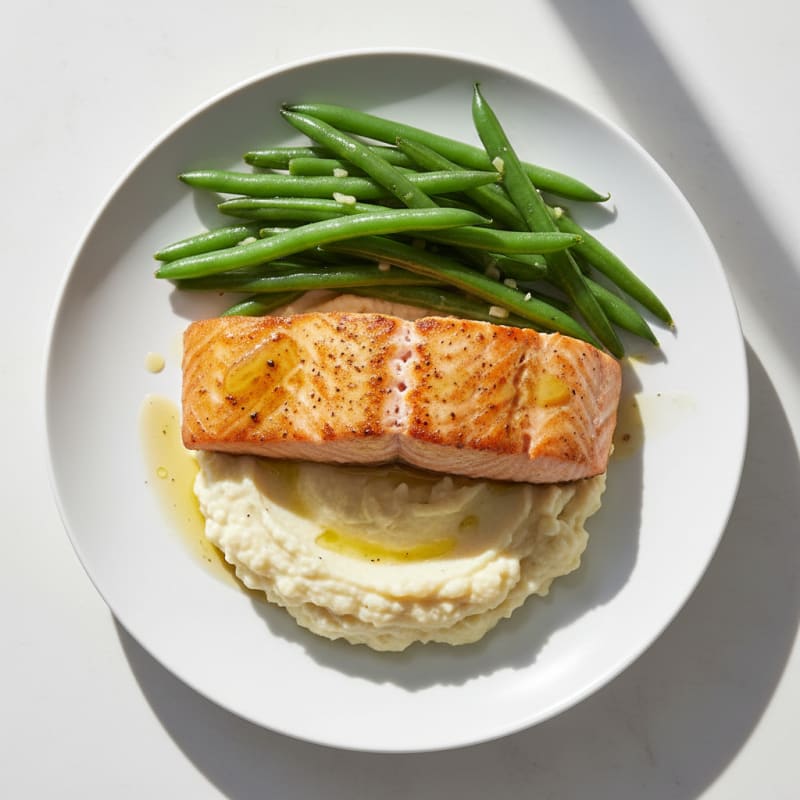 Seared Salmon with Steamed Green Beans and Mashed Cauliflower