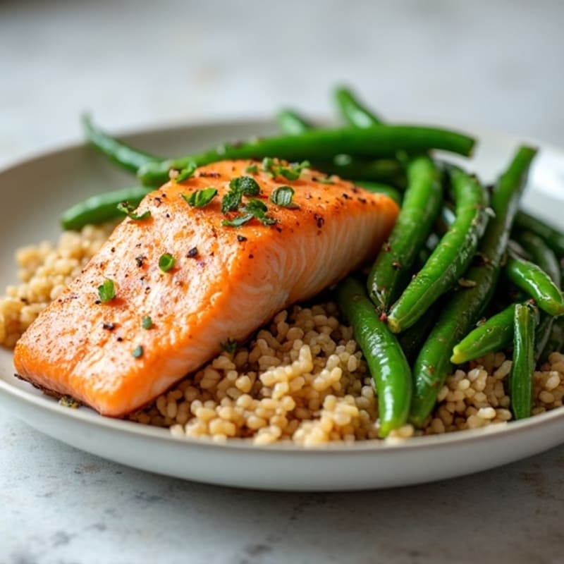 Seared Salmon with Garlic Green Beans and Brown Rice