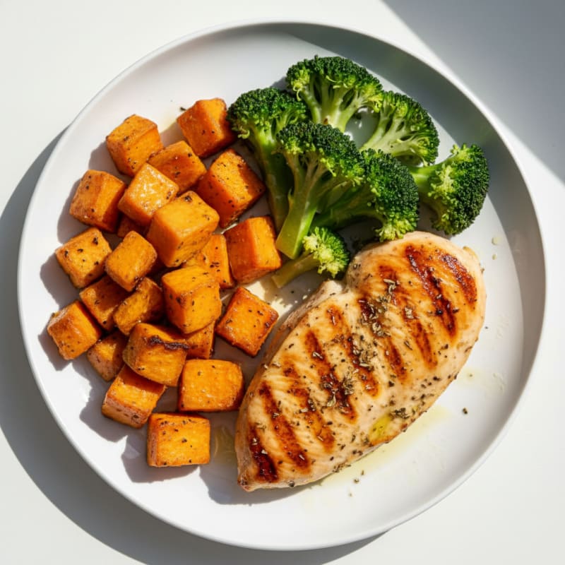 Grilled Chicken Breast with Roasted Sweet Potatoes and Steamed Broccoli