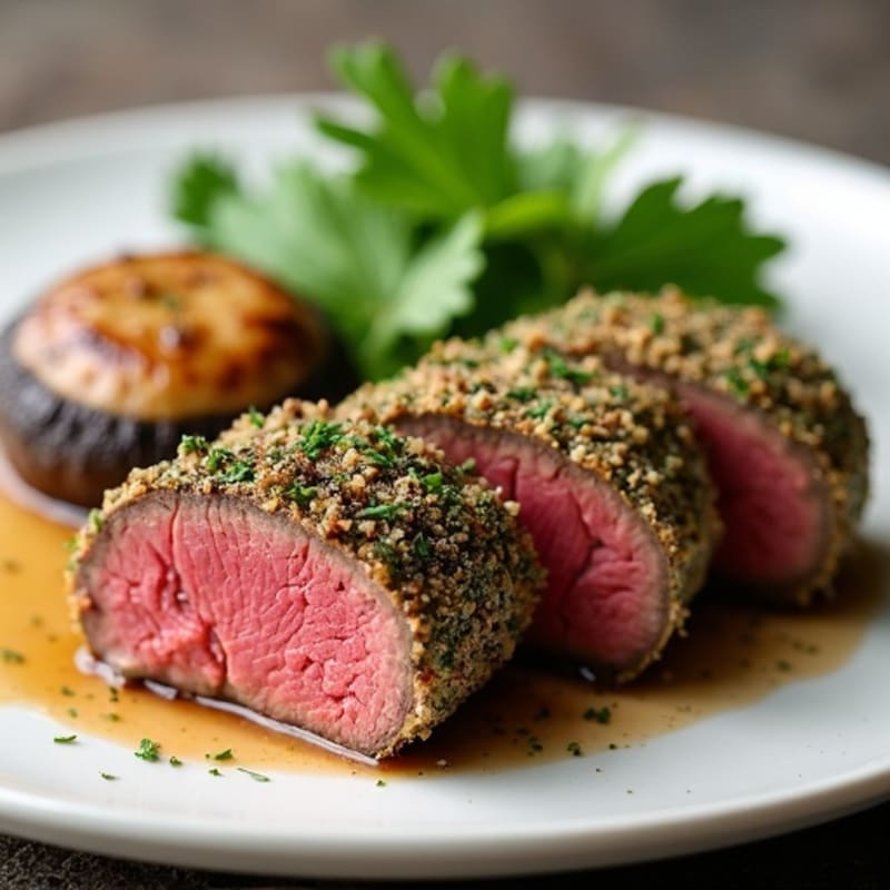 Herb-Crusted Beef Tenderloin with Mushroom Wrap