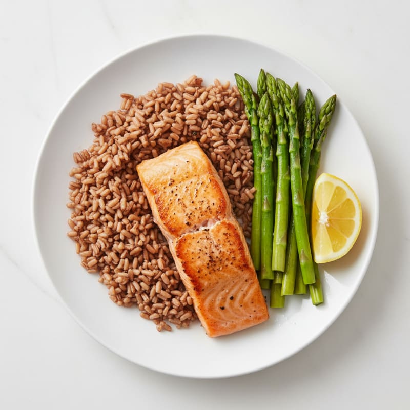 Seared Salmon with Steamed Asparagus and Brown Rice
