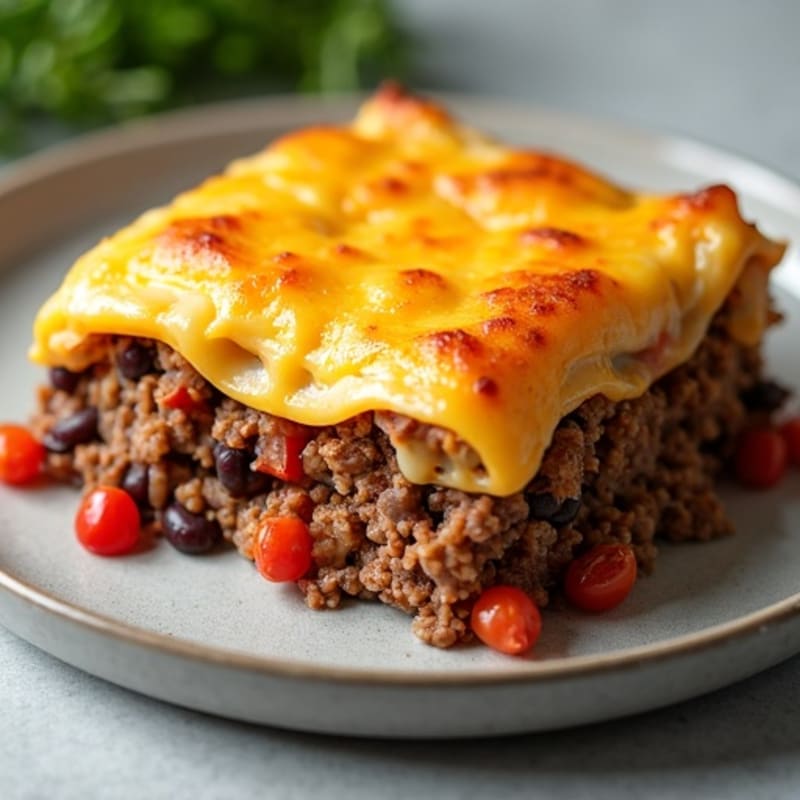 Lean Ground Beef and Black Bean Layered Bake with Golden Cheesy Topping