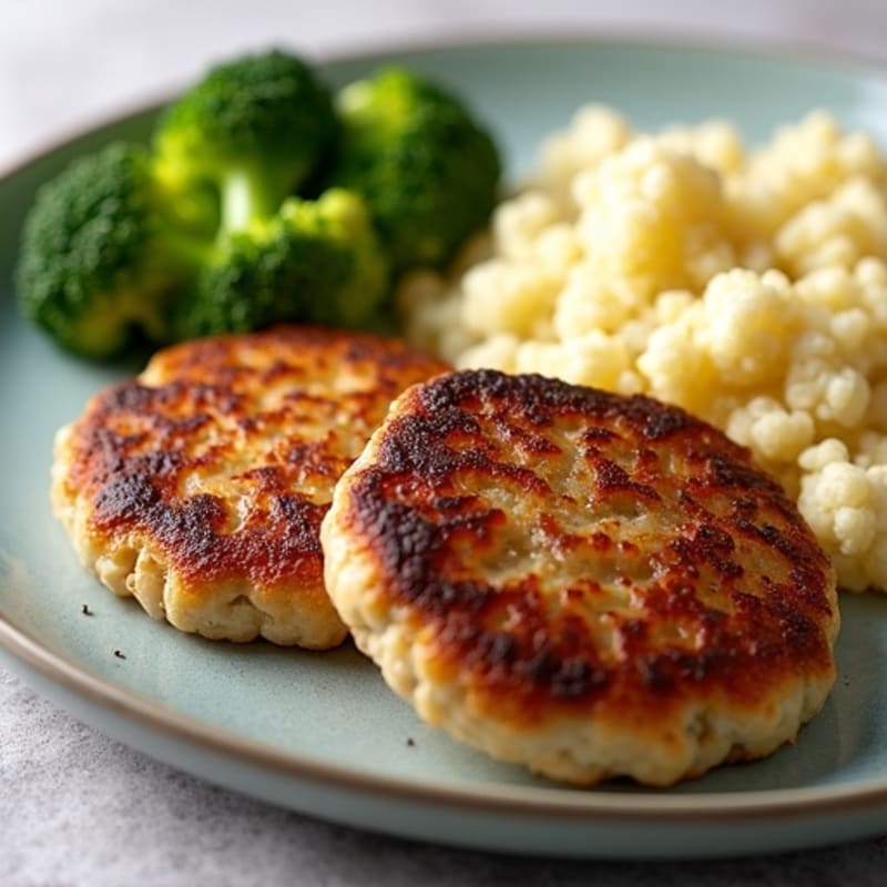 Seared Turkey Patties with Roasted Broccoli and Garlic Mashed Cauliflower
