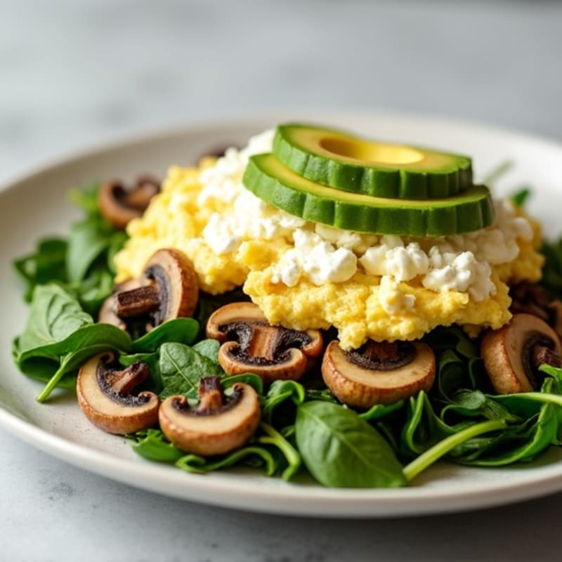 Egg White Spinach Scramble with Cottage Cheese and Sautéed Mushrooms
