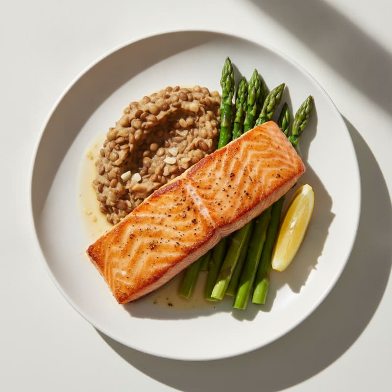 Seared Salmon Fillet with Steamed Asparagus and Lentil Mash