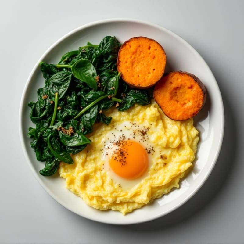 Fluffy Scrambled Eggs with Sautéed Spinach and Roasted Sweet Potato