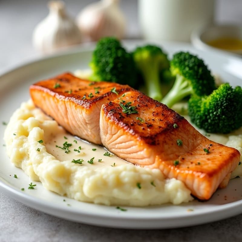 Seared Salmon Fillet with Garlic Mashed Potatoes and Steamed Broccoli